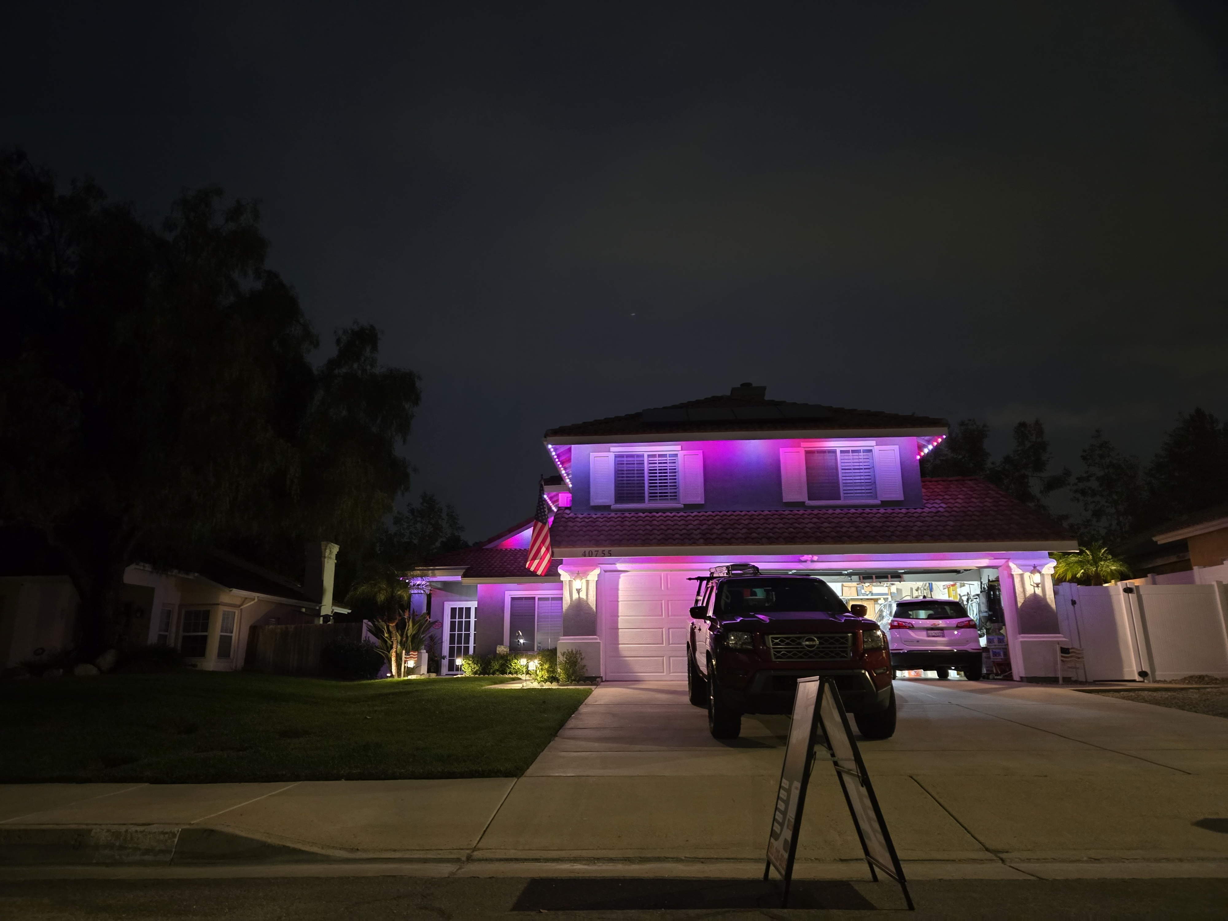 Corona CA home after permanent LED lighting install, purple color mode